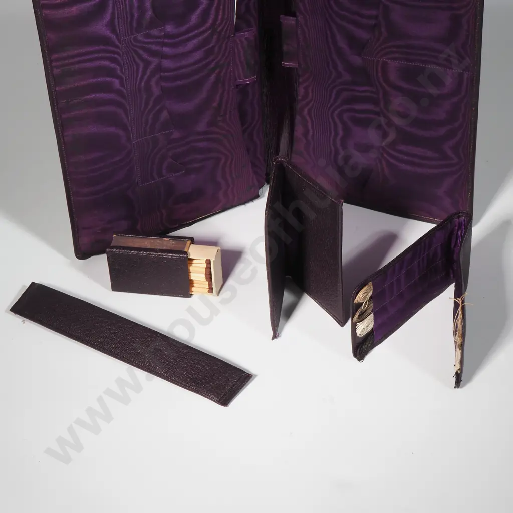 Vintage Gentleman's Leather Travelling Companion/Suitcase w Canvas Covering - The Fitted Interior w Purple Watered Silk Image 1++