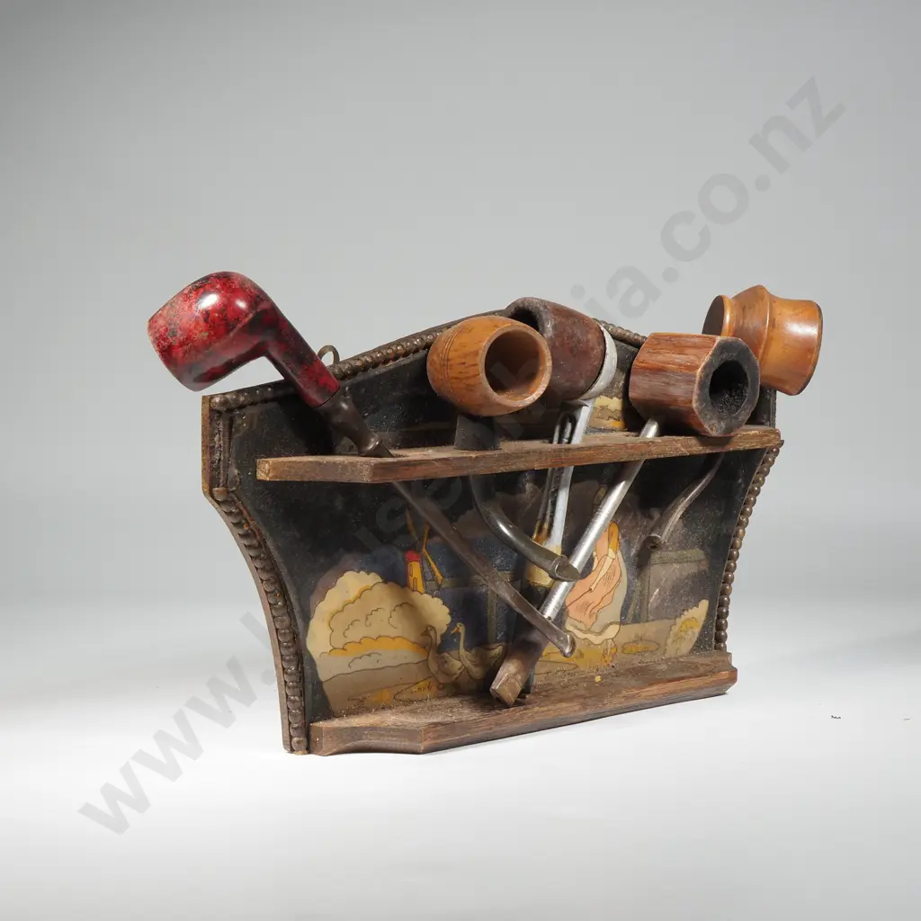 Art Deco Silver Foil Pipe Rack w Dutch Scene - Young Girl & Windmill w A Collection Of Five Vintage Pipes Image 1++