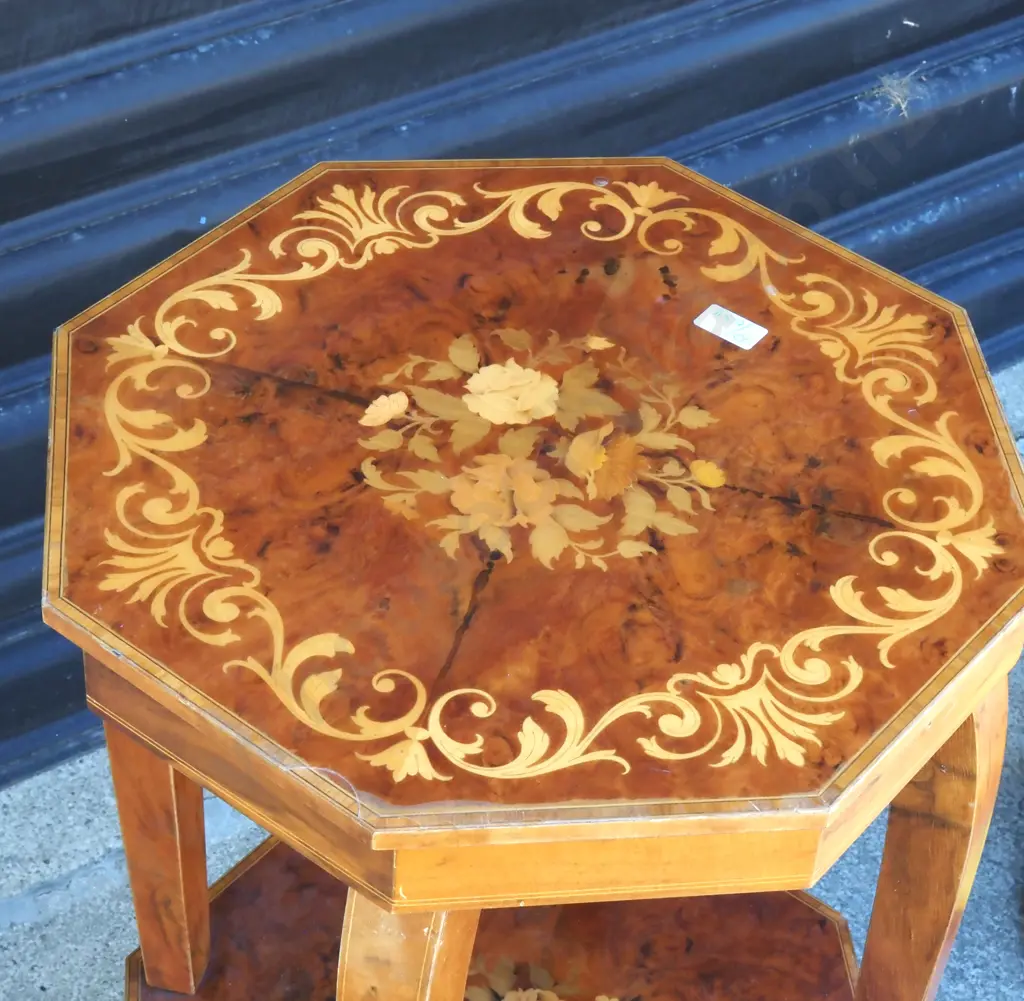 Vintage Italian Octagon Two Tiered Marquetry Music Box Table Image 1++