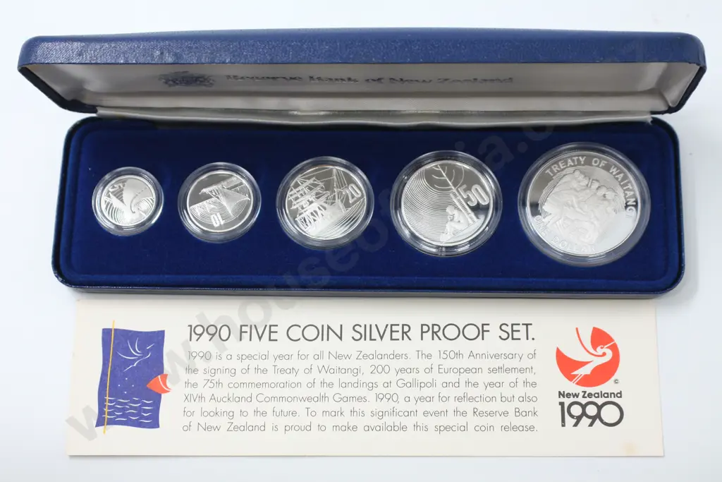 1990 five coin silver proof set. Cased with C.O.A. C.V. $150. Image 1++