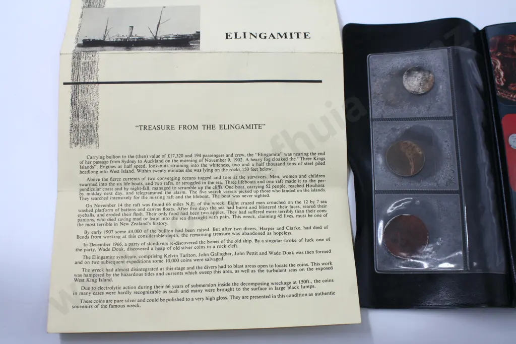 Set of three Treasure Coins from the Wreck of the Elingamite. In plastic folder with informative leaflet, number 033 Image 1++