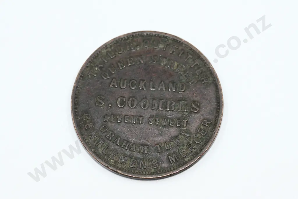 Samuel Coombes, Auckland, one penny, ND ( 1874 ), very fine but dirty. C.V. $90 Image 1++