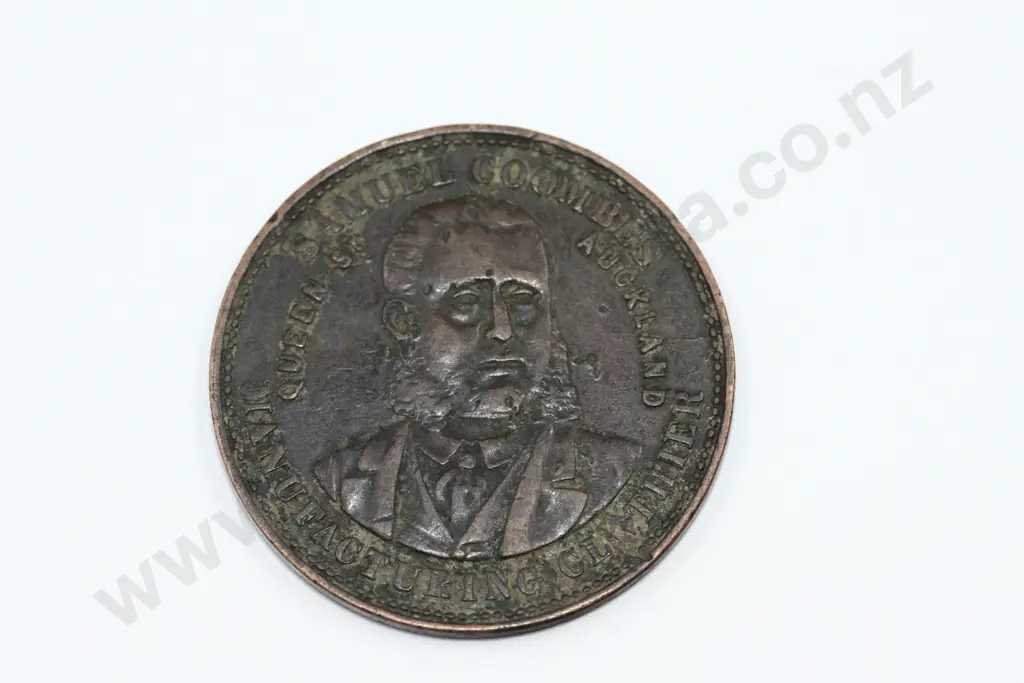 Samuel Coombes, Auckland, one penny, ND ( 1874 ), very fine but dirty. C.V. $90 Image 1++
