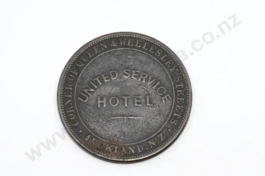 United Service Hotel, Auckland, one penny, 1874, very fine. C.V. $70 Image 1++