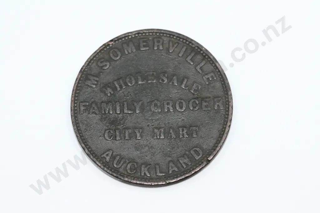 M. Somerville, Auckland, one penny, 1857, fine. C.V. $25 Image 1++