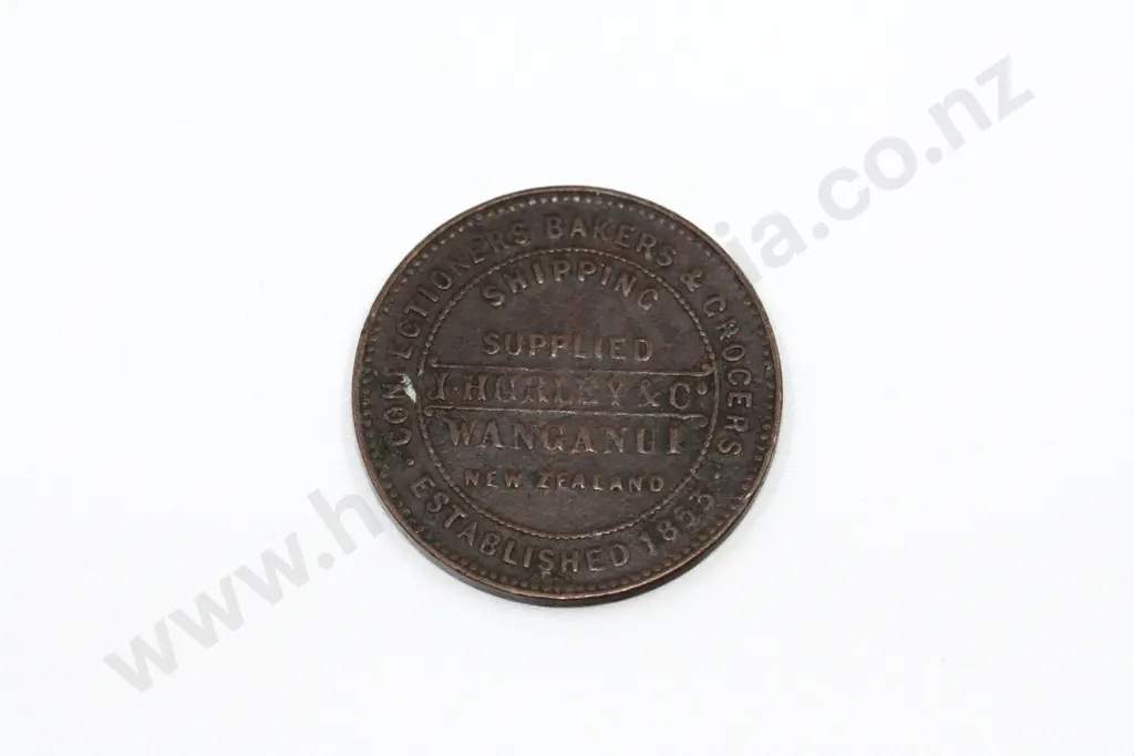 J. Hurley, Wanganui, half penny, ND ( 1863? ), very fine. C.V. $80 Image 1++