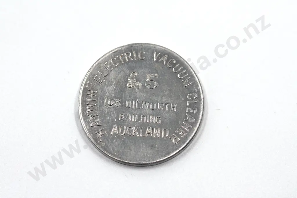 Auckland Winter Show, Haywin Electric Vacuum Cleaner five pounds advertising token, aluminium. C.V. $70 Image 1++