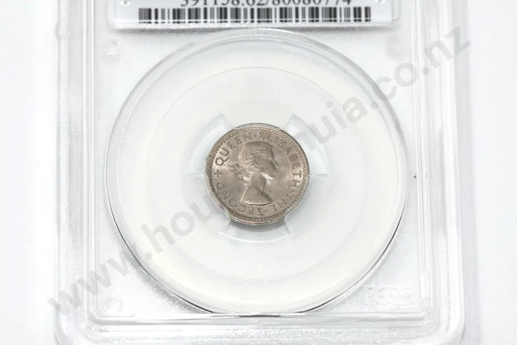 1955 threepence ‘two dots on shoulder’, MS 62. C.V. $350 Image 1++