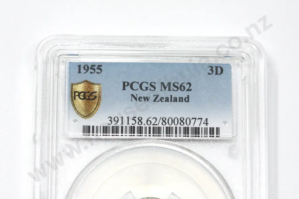 1955 threepence ‘two dots on shoulder’, MS 62. C.V. $350 Image 1++