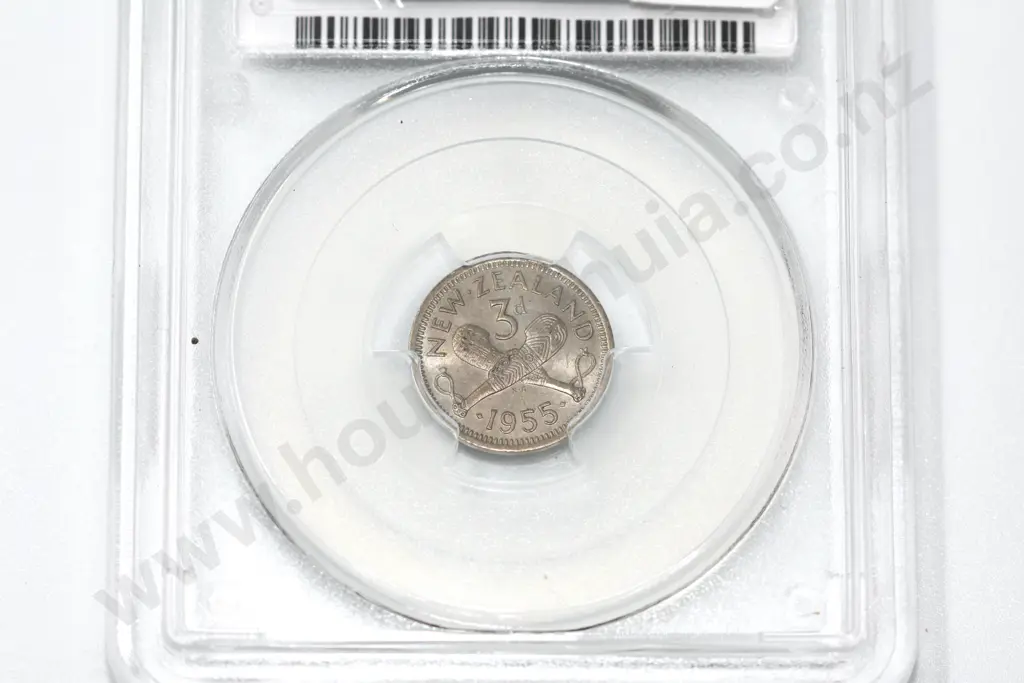 1955 threepence ‘two dots on shoulder’, MS 62. C.V. $350 Image 1++