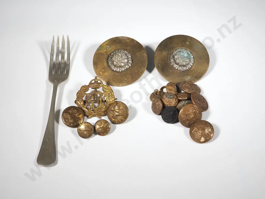 Assorted Military Buttons/ 1942 Dated Military Fork / Canadian Airforce Cap Badge Image 1++