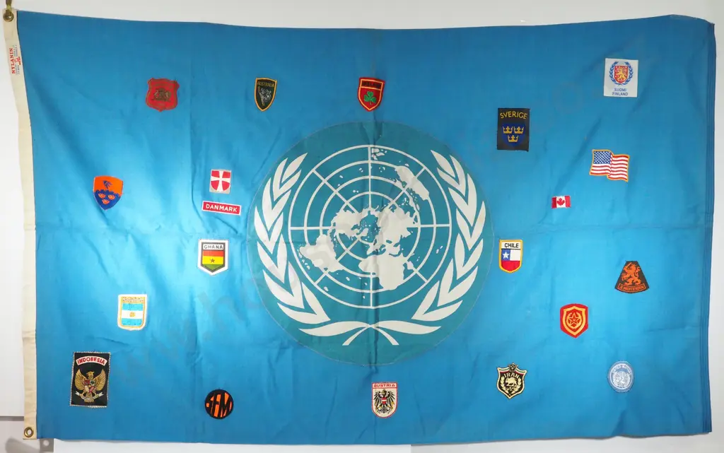 Large UN Flag w Various Countries Patches Sewn on & Two UN Blue Crevattes Image 1++