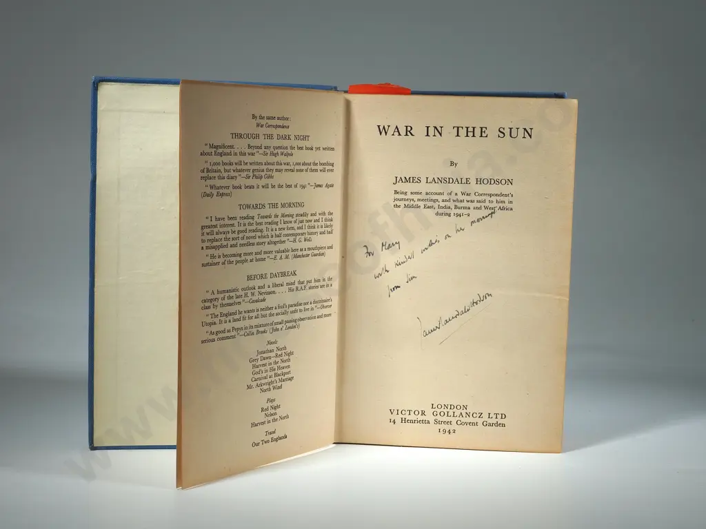 James Lansdale Hodson, War in the Sun, Gollancz, 1942. First edition. Image 1++