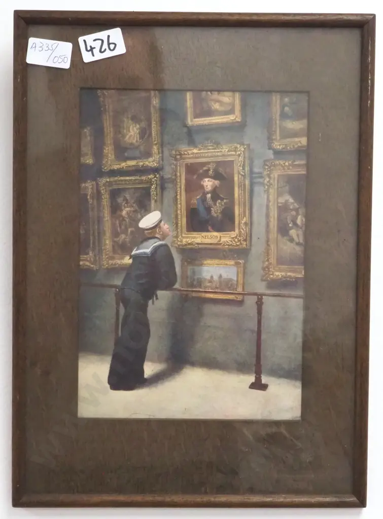 Uniformed Sailor Looking at Portrait of Lord Nelson. Print with Wooden Frame & Boarder Image 1++