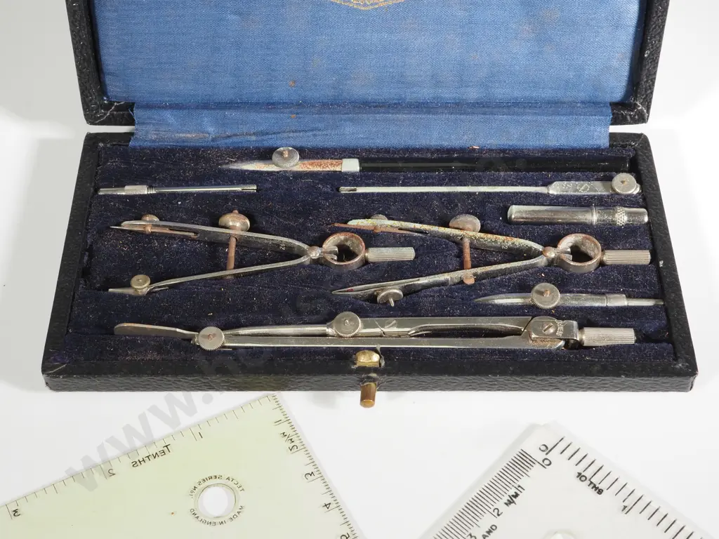 Vintage Draughtsman's Box including  & Set Squares & Ruler. Image 1++