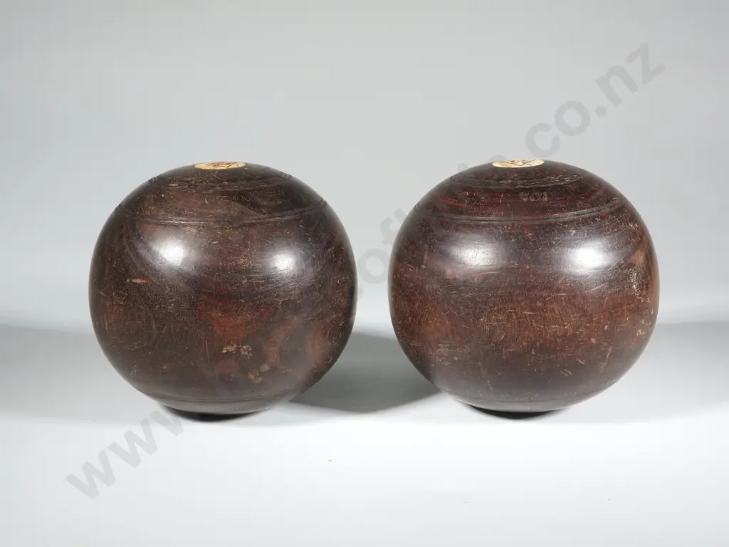 Pair Of Vintage  Lignum Vitae Bowling Balls with Ivory Inset  Image 1++