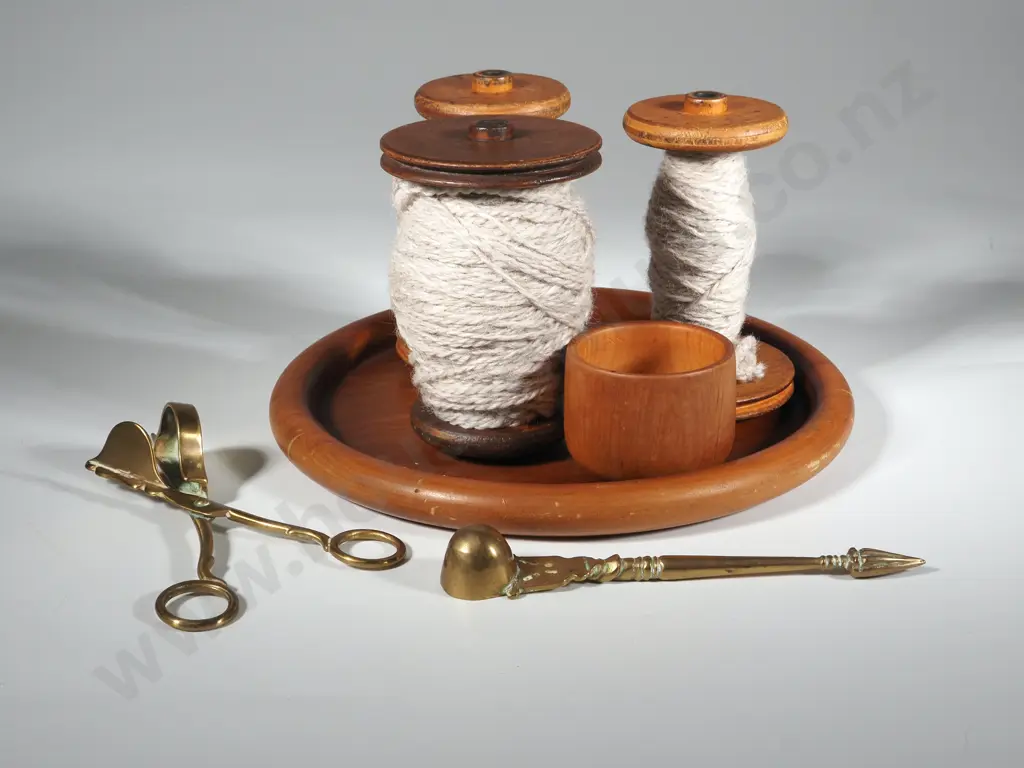Wooden Items Including  Three Bobbins, Tray, Brass Candle Snuffer Etc Image 1++