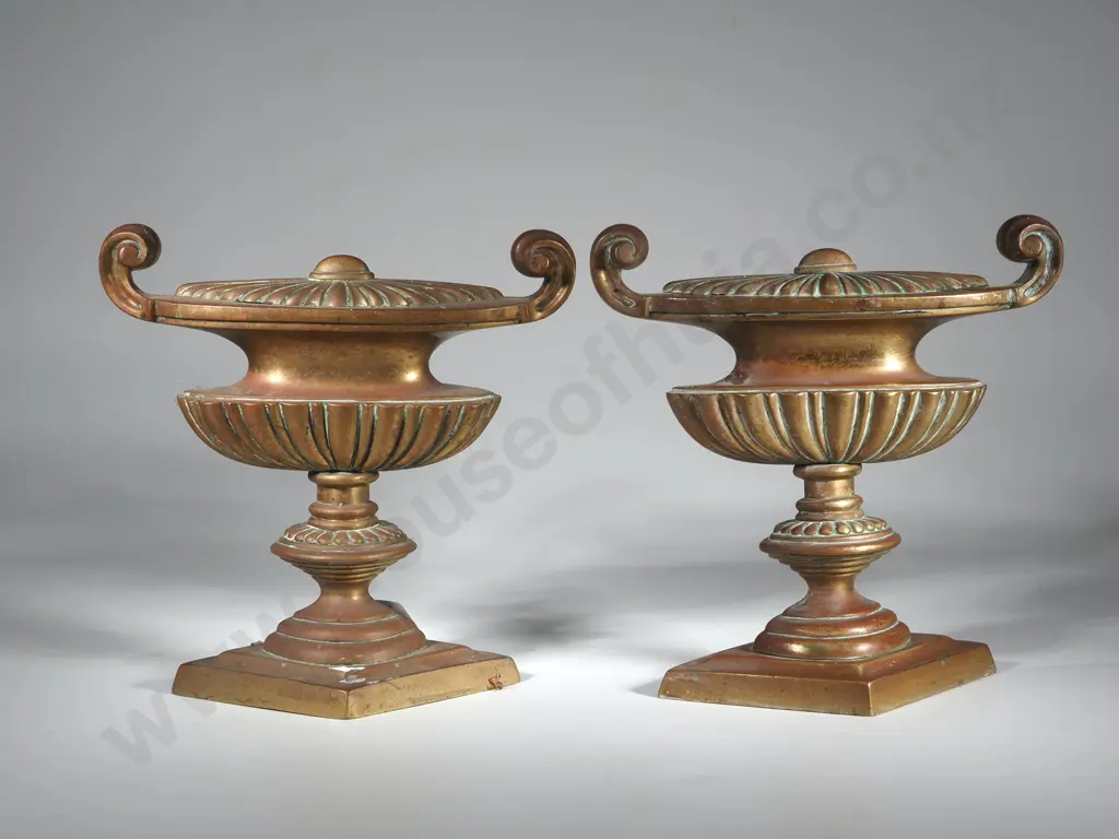 Pair Of Antique Urn Shaped  Brass Andirons/ Fire Dogs Image 1++