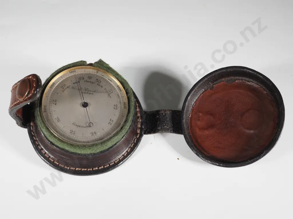 Antique Brass Cased Aneroid Barometer By Harvey Reynolds With Brass Case, Silver Dial & Blue Steel Indicator Image 1++