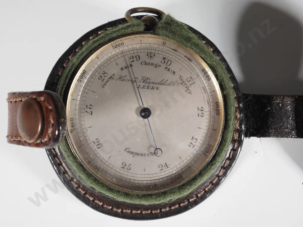 Antique Brass Cased Aneroid Barometer By Harvey Reynolds With Brass Case, Silver Dial & Blue Steel Indicator Image 1++