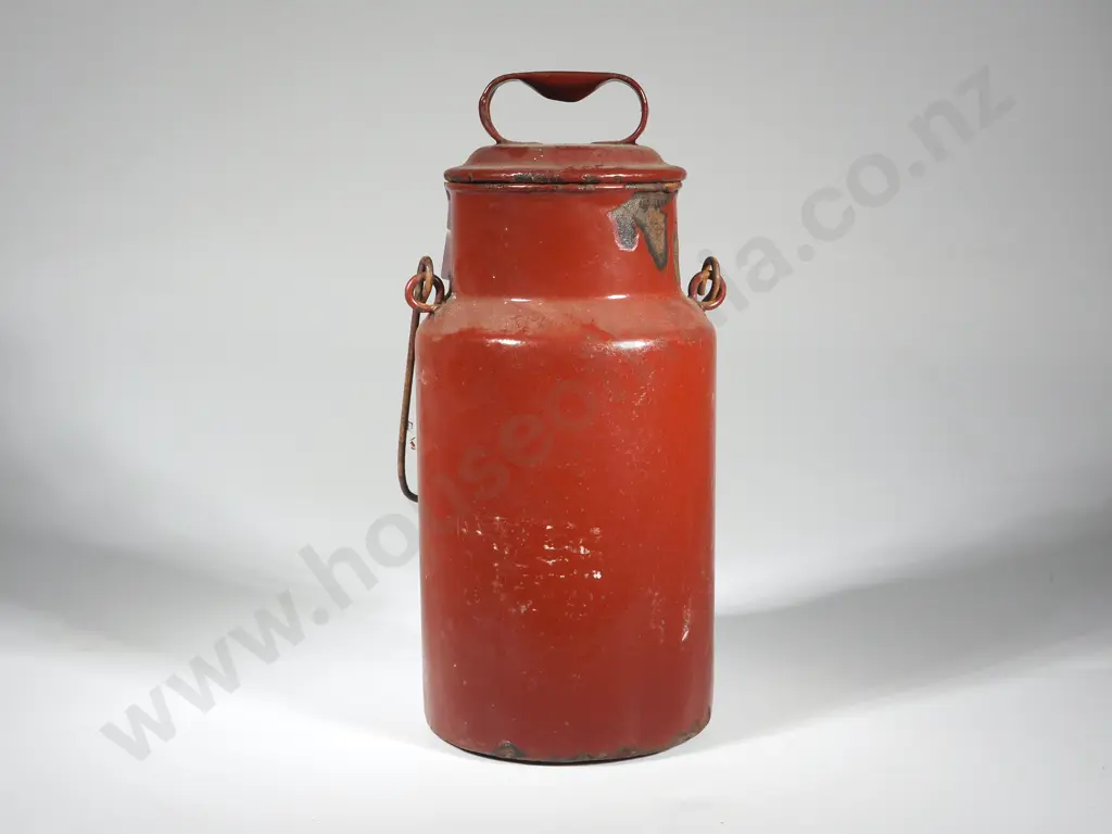 Vintage Brown Enamel Milk Can with Wooden Handle Image 1++