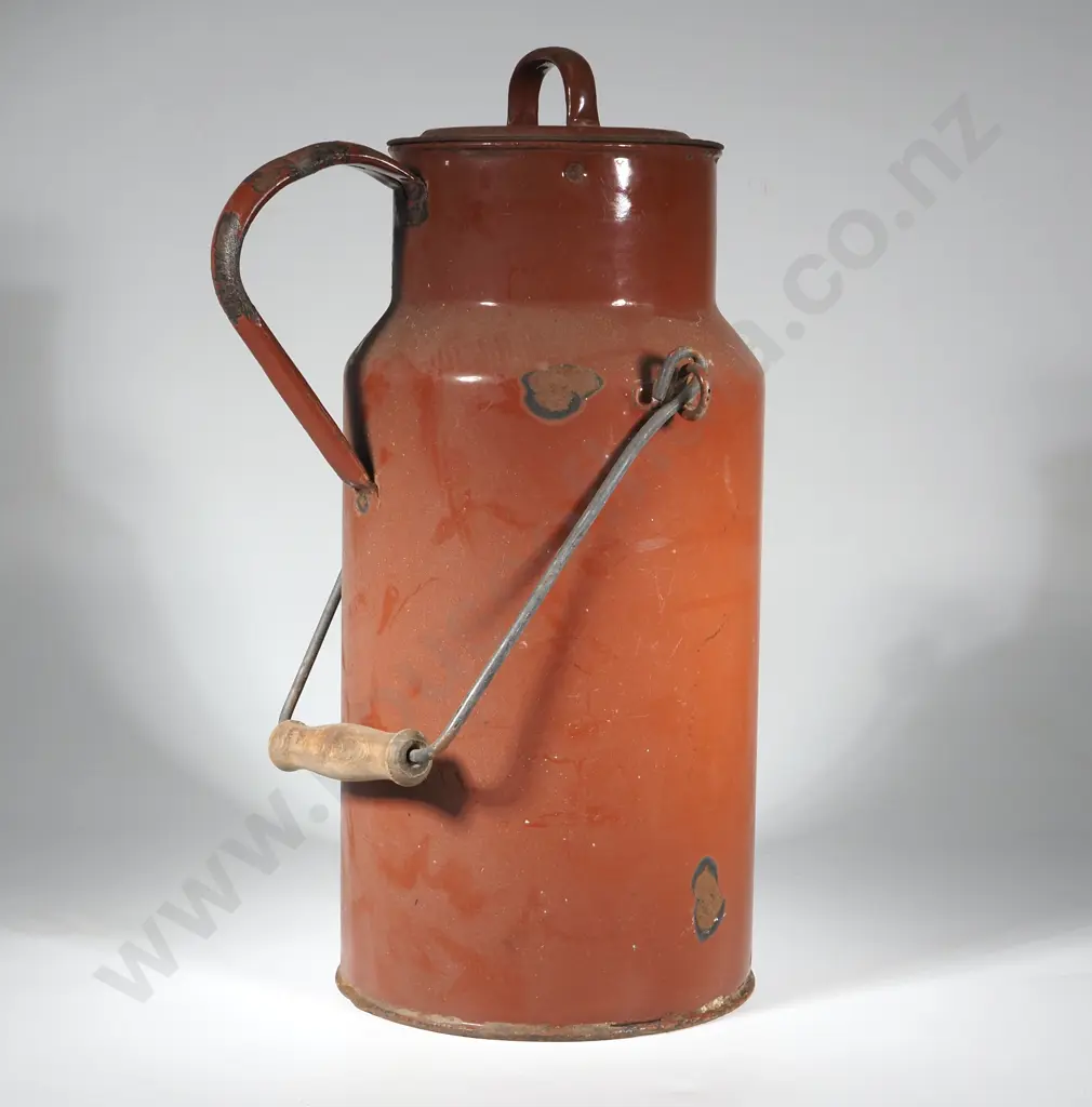 Vintage Brown Enamel Milk Can  with Single Side Handle Image 1++