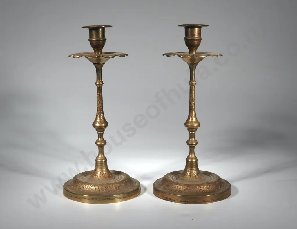 Pair of Benares Brass Candlesticks Image 1++