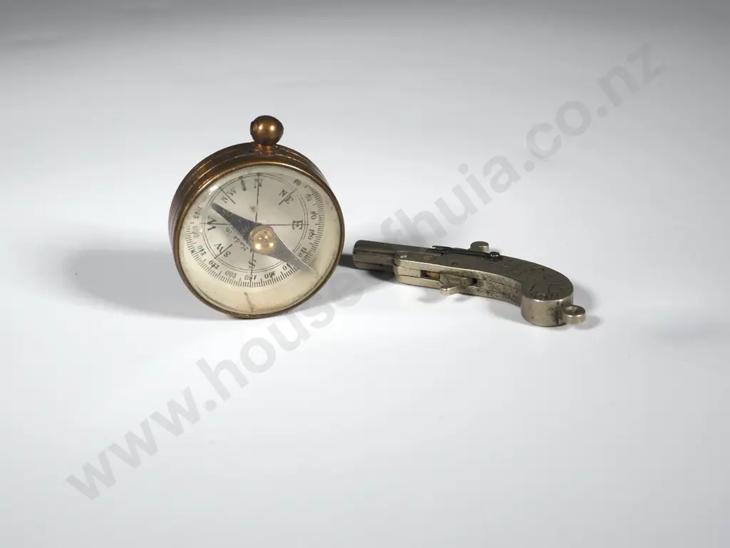 Vintage 1950s Miniature Berloque Pistol 2mm Toy Charm w Pinfire & Engraved Deer & Rabbit &  A Small Vintage Compass Image 1++