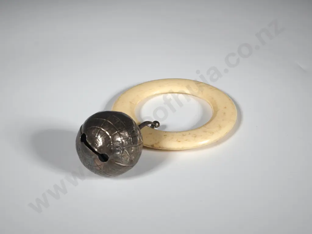 Antique Baby's Teething Ring With Silver Globe Rattle Attachment Image 1++
