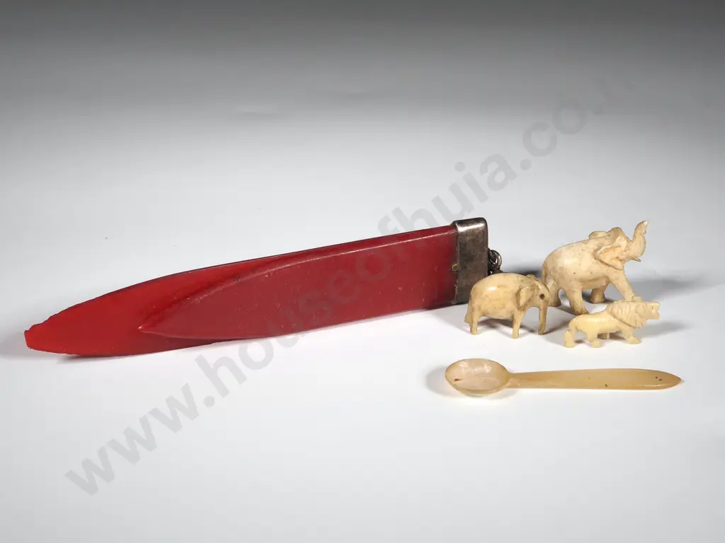 Red Bakelite & Sterling Silver Bookmark, Three Miniature Ivory Animals, & a MOP Salt Spoon Image 1++