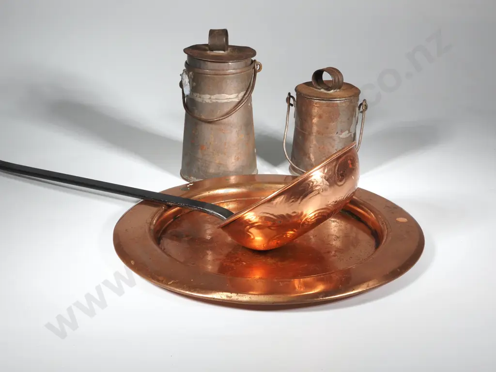 Copper Tray, Ornamental Copper Ladle & Two Lidded Tin Containers With Covers & Bail Handles Image 1++