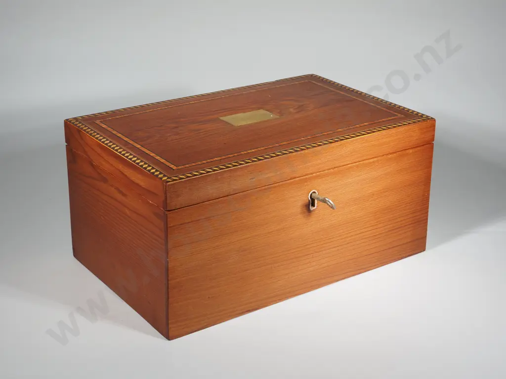Inlaid Jewellery Box With Fitted Interior & Square Brass Cartouche Image 1++