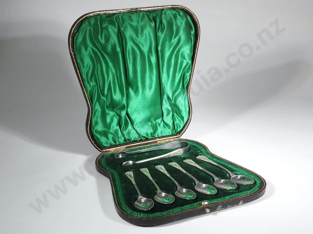 Antique Box of Six Silver Plated Teaspoons & Sugar Tongs with Green Velvet Lining Image 1++