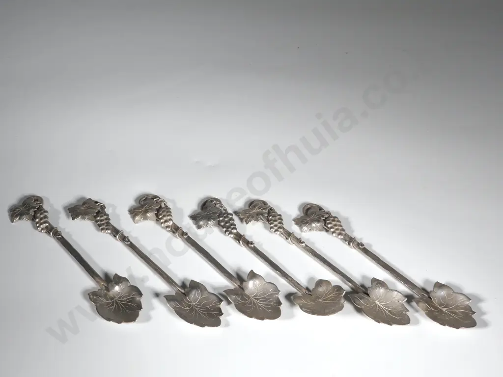 Set of Six Sterling Silver Figural Grape Leaf Spoons Image 1++