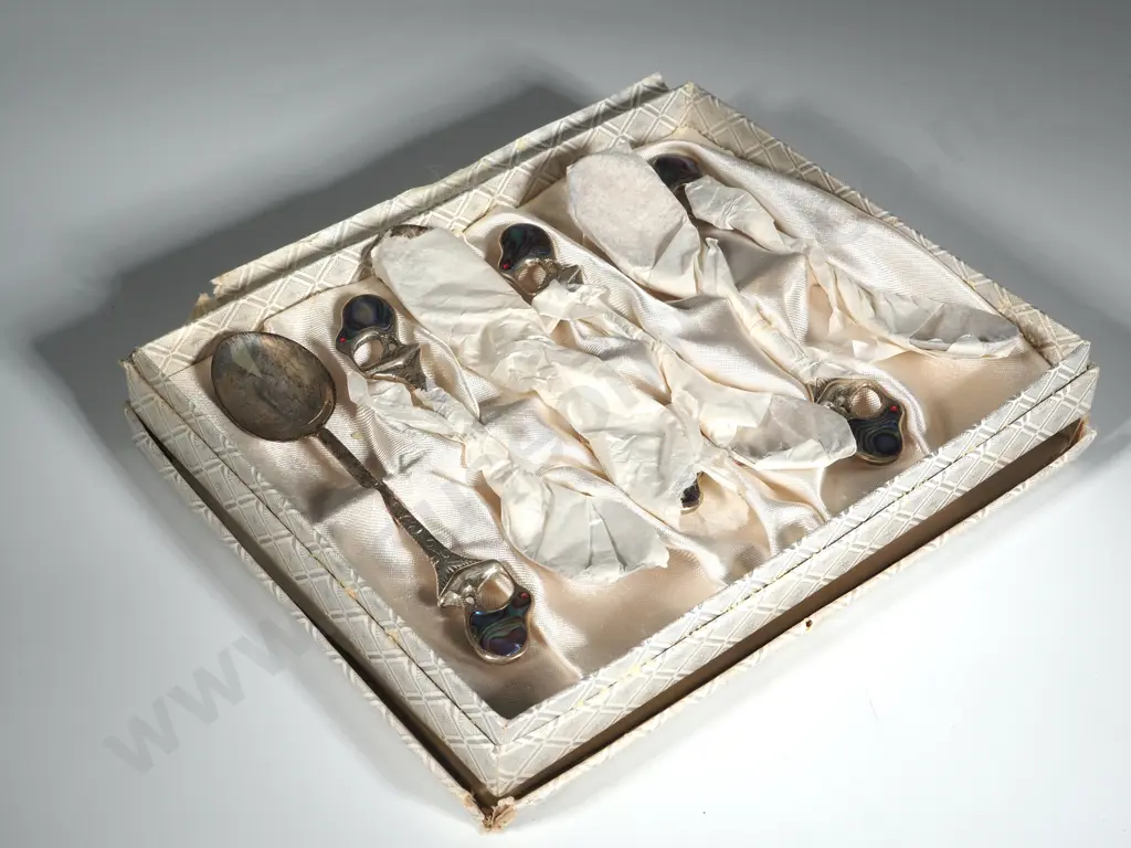 Boxed Set of Five Sterling Silver & Paua Shell Kiwi Spoons Image 1++