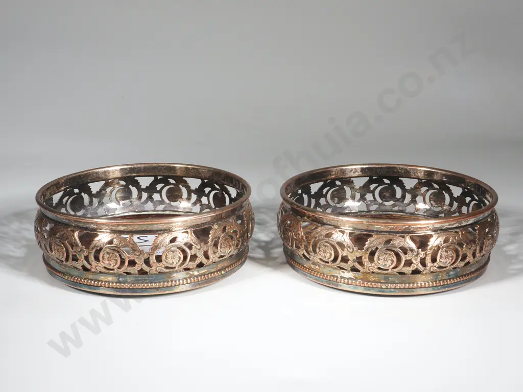 Pair Of Sheffield Plate Coasters with Pierced Decoration Image 1++