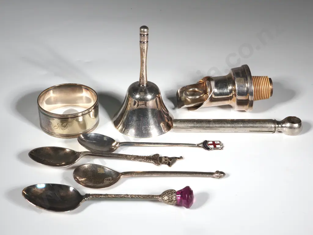 Bag Of Silver Plate Items Including a Bottle Stopper & Pourer & A Sterling Silver Teaspoon Image 1++