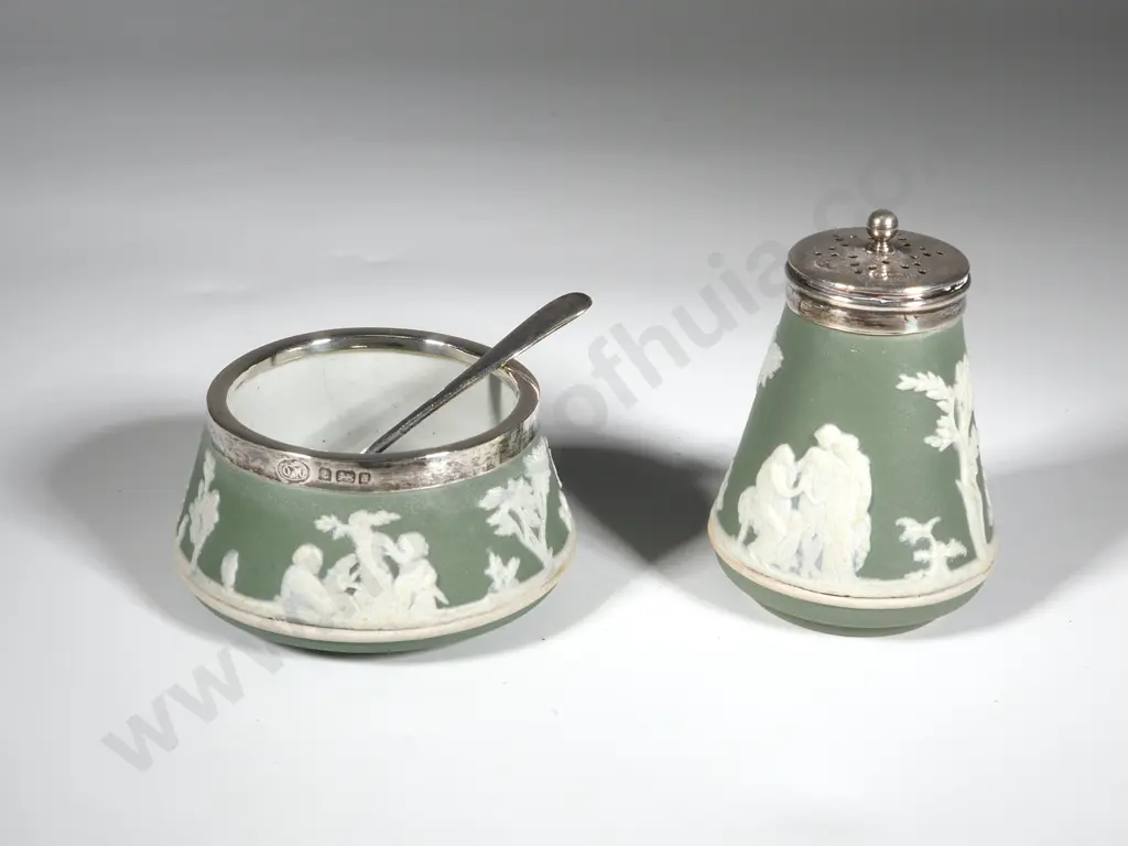 Vintage Green Jasperware Pepper & Salt with Sterling Silver Rim, Top & Spoon. Birm 1903 Image 1++