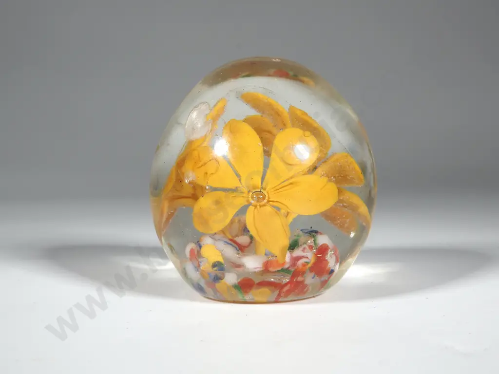 Antique Glass Paperweight w Floral Decoration Image 1++