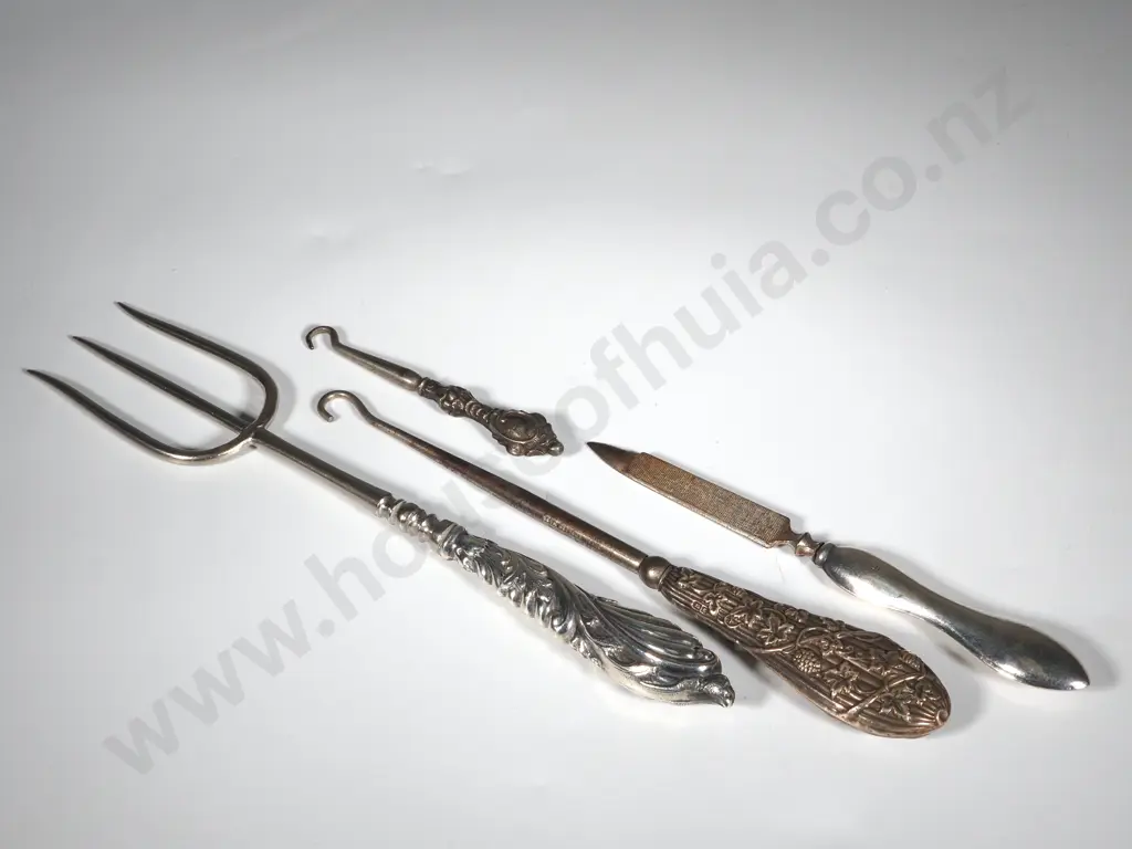 Sterling Silver Handled Boot Hooks(2) Bread Fork & Nail File. Image 1++