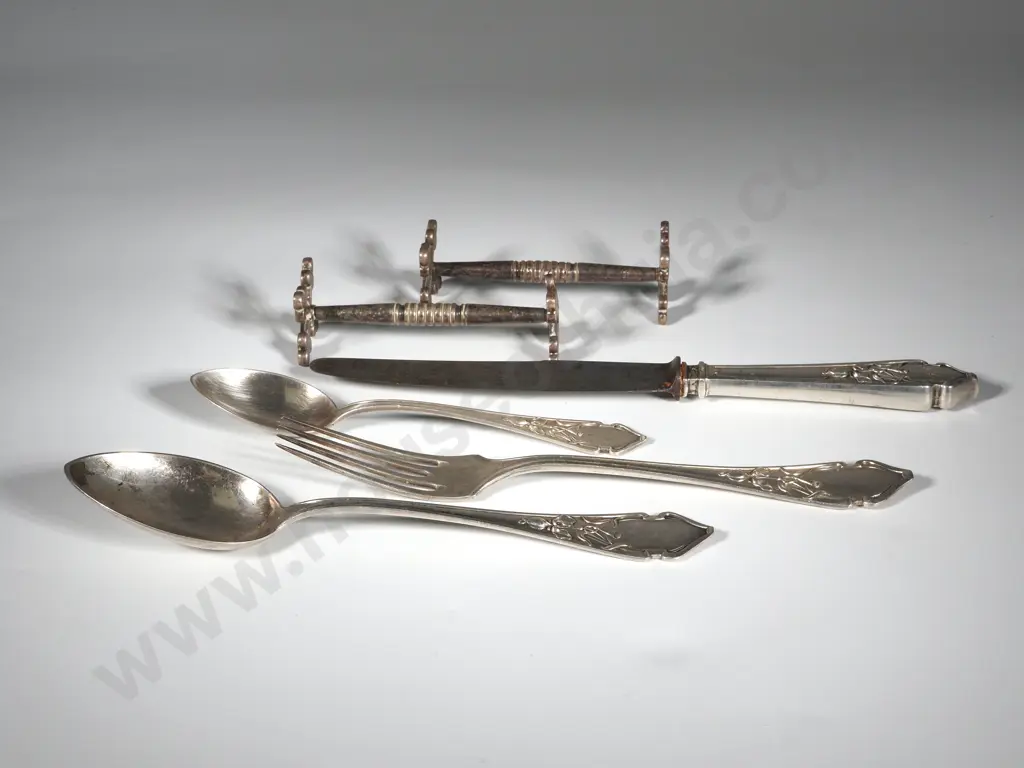 One 800 Silver Place Setting w Two Metal Knife Rests. Image 1++