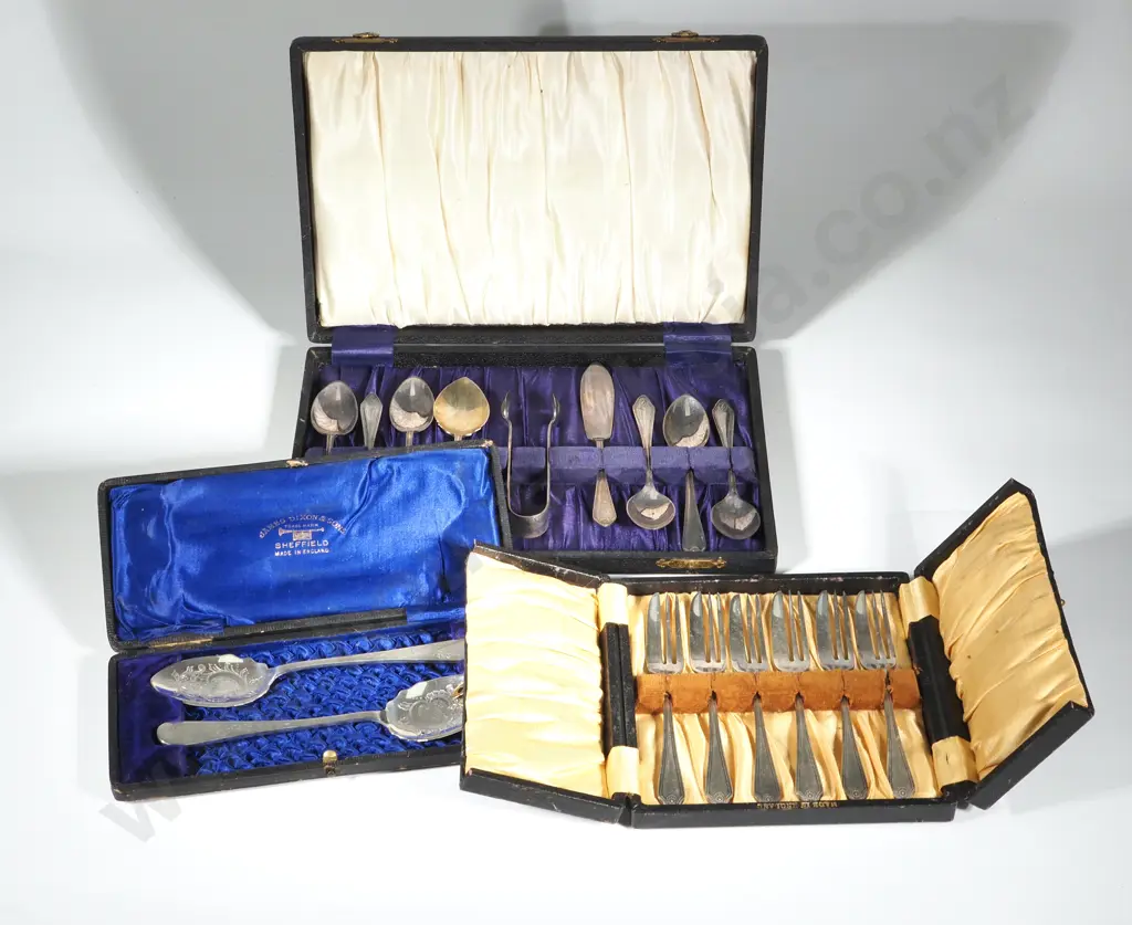 Three S/P Boxed Sets: Cake Forks, Jam Spoons, Teaspoons, Sugar Tongs & Spoon, & Butter Knife. Image 1++