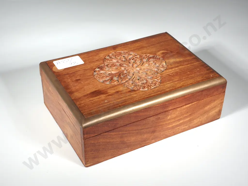 Mid-Century Asian Wooden Trinket Box w Carved, Brass Edged Lid. Image 1++