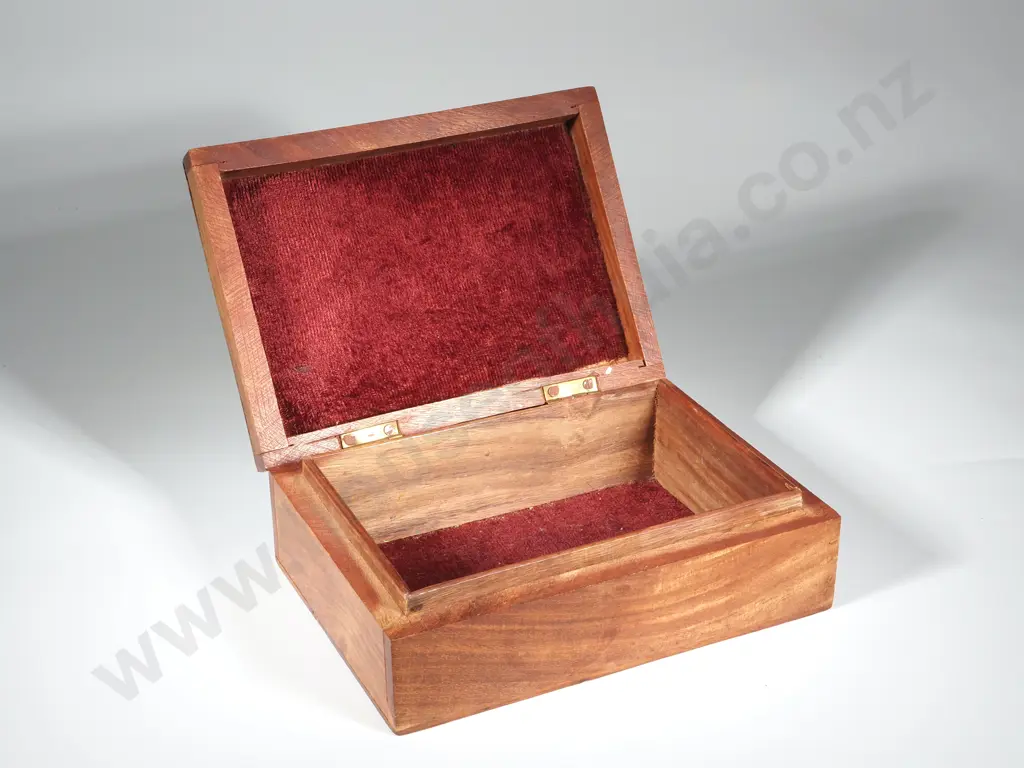 Mid-Century Asian Wooden Trinket Box w Carved, Brass Edged Lid. Image 1++