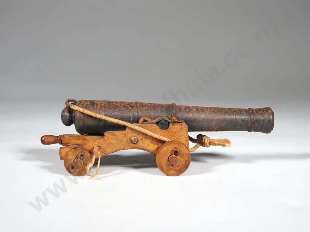 Vintage Miniature Iron Cannon w Wooden, Wheeled Carriage Base. Image 1++