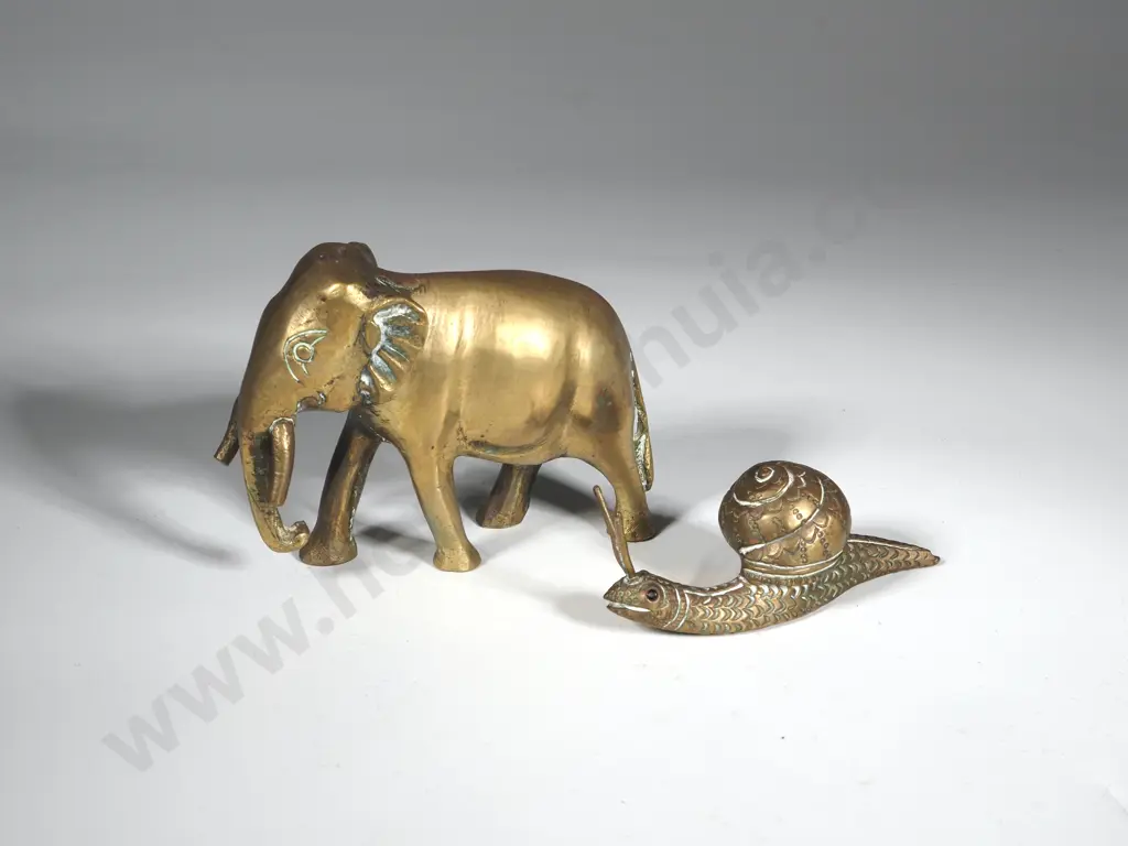Two Brass Ornaments - One Elephant & One Snail. Image 1++
