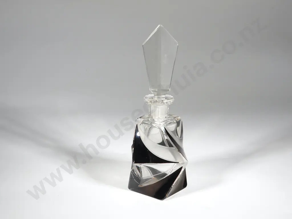 Art Deco Czech 1930s Karl Palya Geometric  Perfume Bottle w Black Enamel & frosted Glass. Image 1++