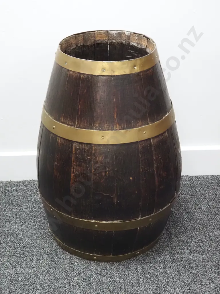 Vintage Round English Brass Bound Oak Barrel Image 1++