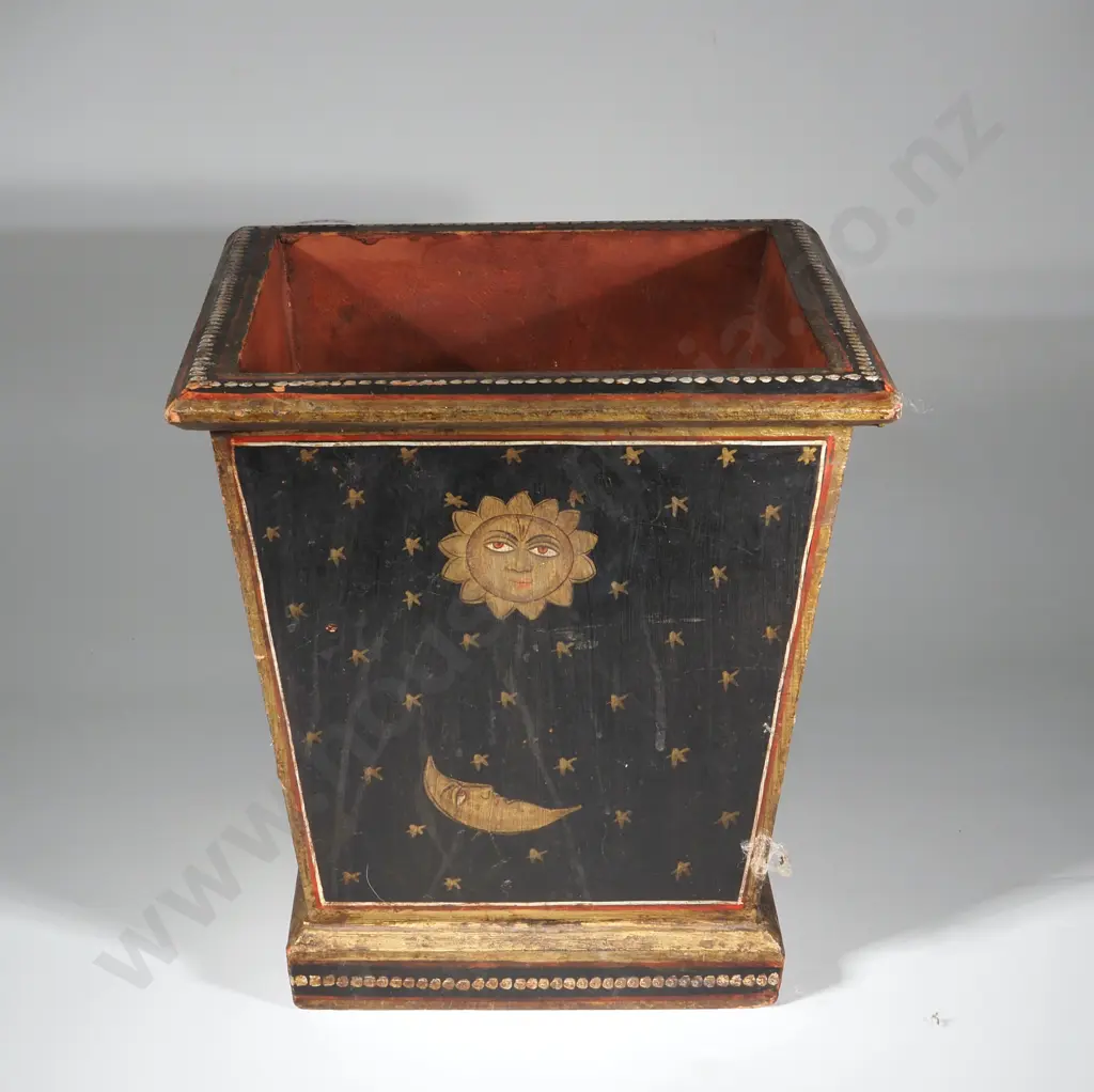 Lacquered Waste Paper Bin. Square Tapered & Decorated With Moon & Sun On a Black Ground Image 1++