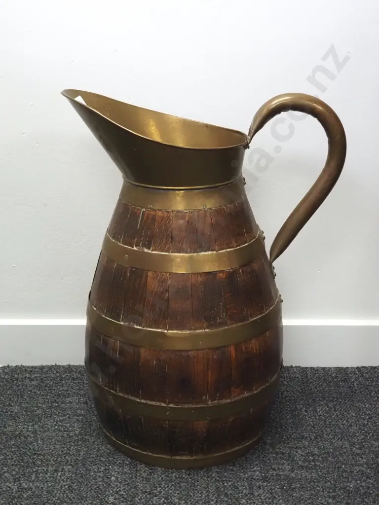 Large French Primitive Oak Barrel  Pitcher w Brass Bands Image 1++